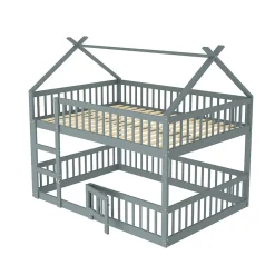 Lit superposé 140x200 cm avec échelle intégrée et structure en bois massif, design loft gris