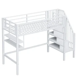 Lit superposé 90x200 cm avec échelle intégrée et rangements, structure métal blanc design contemporain gain de place