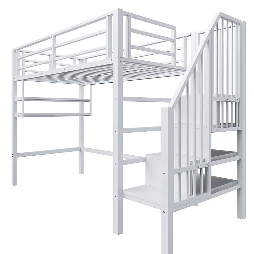 Lit superposé 90x200 cm avec échelle intégrée et rangements, structure métal blanc design contemporain gain de place