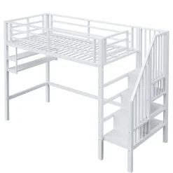 Lit superposé 90x200 cm avec échelle intégrée et rangements, structure métal blanc design contemporain gain de place