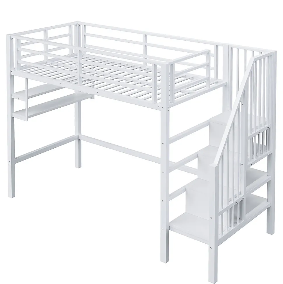 Lit superposé 90x200 cm avec échelle intégrée et rangements, structure métal blanc design contemporain gain de place