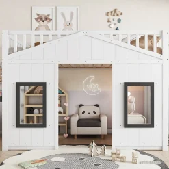 Lit superposé 90x200 cm avec escalier intégré, cabane décorative et structure en pin/MDF, gain de place