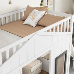 Lit superposé 90x200 cm avec escalier intégré, cabane décorative et structure en pin/MDF, gain de place