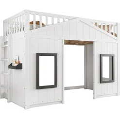 Lit superposé 90x200 cm avec escalier intégré, cabane décorative et structure en pin/MDF, gain de place