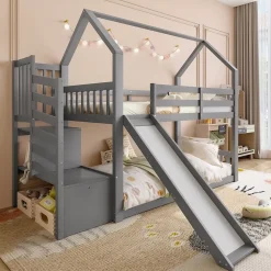 Lit superposé 90x200 cm avec escalier de rangement et toboggan, structure en pin et MDF, chambre enfant