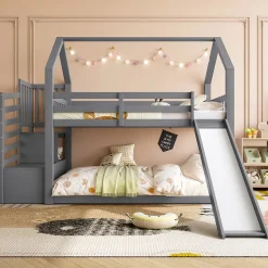 Lit superposé 90x200 cm avec escalier de rangement et toboggan, structure en pin et MDF, chambre enfant