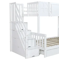 Lit superposé 90x200 cm, avec fenêtre, toboggan, étagères, 4 rangements, cadre bois