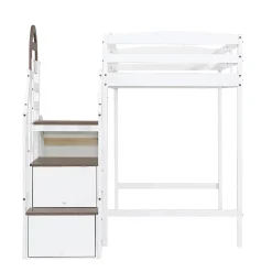 Lit superposé 90x200 cm, avec fenêtre, toboggan, 2 rangements dans l'échelle, blanc,marron