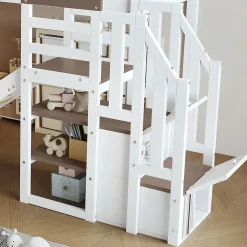 Lit superposé 90x200 cm, avec fenêtre, toboggan, 2 rangements dans l'échelle, blanc,marron