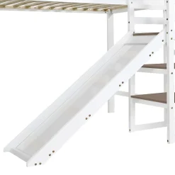 Lit superposé 90x200 cm, avec fenêtre, toboggan, 2 rangements dans l'échelle, blanc,marron