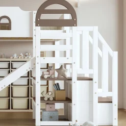 Lit superposé 90x200 cm, avec fenêtre, toboggan, 2 rangements dans l'échelle, blanc,marron