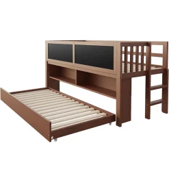 Lit superposé 90x200 cm avec lit gigogne, panneaux tableau à craie et rangement ouvert en bois massif brun