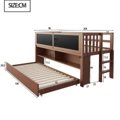 Lit superposé 90x200 cm avec lit gigogne, panneaux tableau à craie et rangement ouvert en bois massif brun