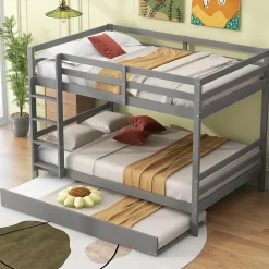 Lit superposé 140x200 cm avec lit gigogne et escalier intégré, structure pin/MDF grise