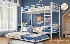 Lit superposé 90x200 cm avec lit gigogne et échelle intégrée, structure métal blanche, gain de place