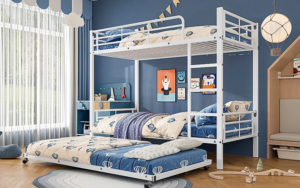 Lit superposé 90x200 cm avec lit gigogne et échelle intégrée, structure métal blanche, gain de place