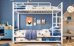 Lit superposé 90x200 cm avec lit gigogne et échelle intégrée, structure métal blanche, gain de place