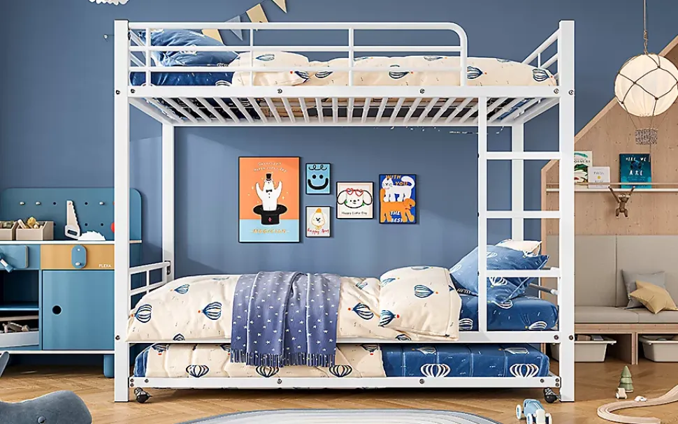Lit superposé 90x200 cm avec lit gigogne et échelle intégrée, structure métal blanche, gain de place