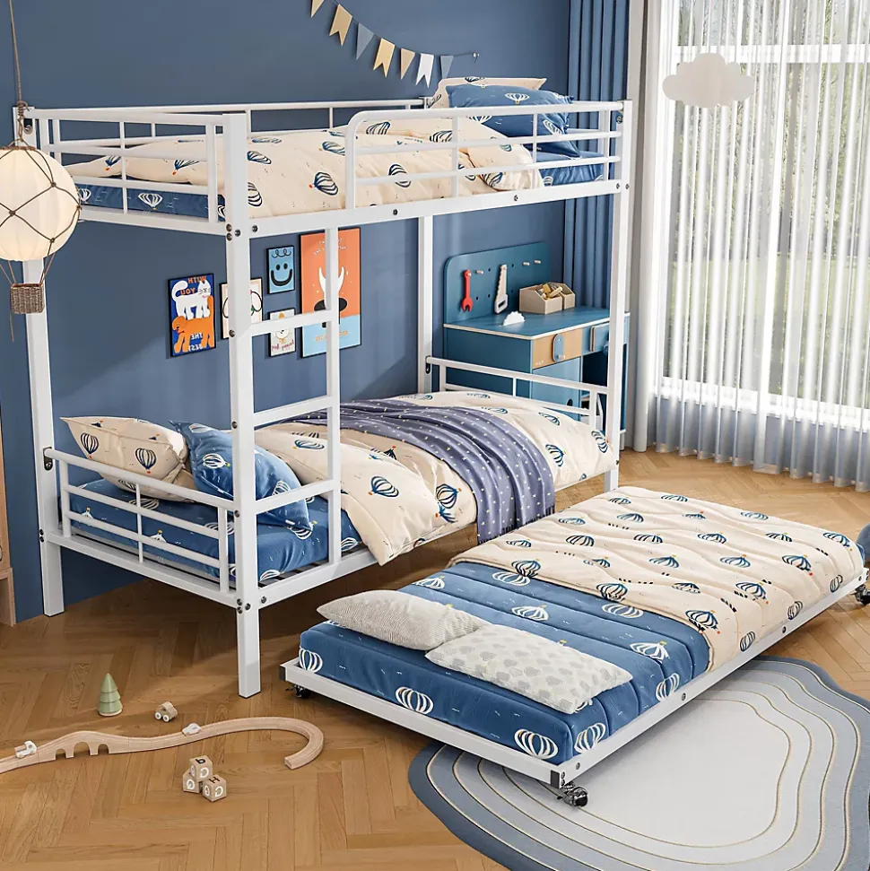 Lit superposé 90x200 cm avec lit gigogne et échelle intégrée, structure métal blanche, gain de place