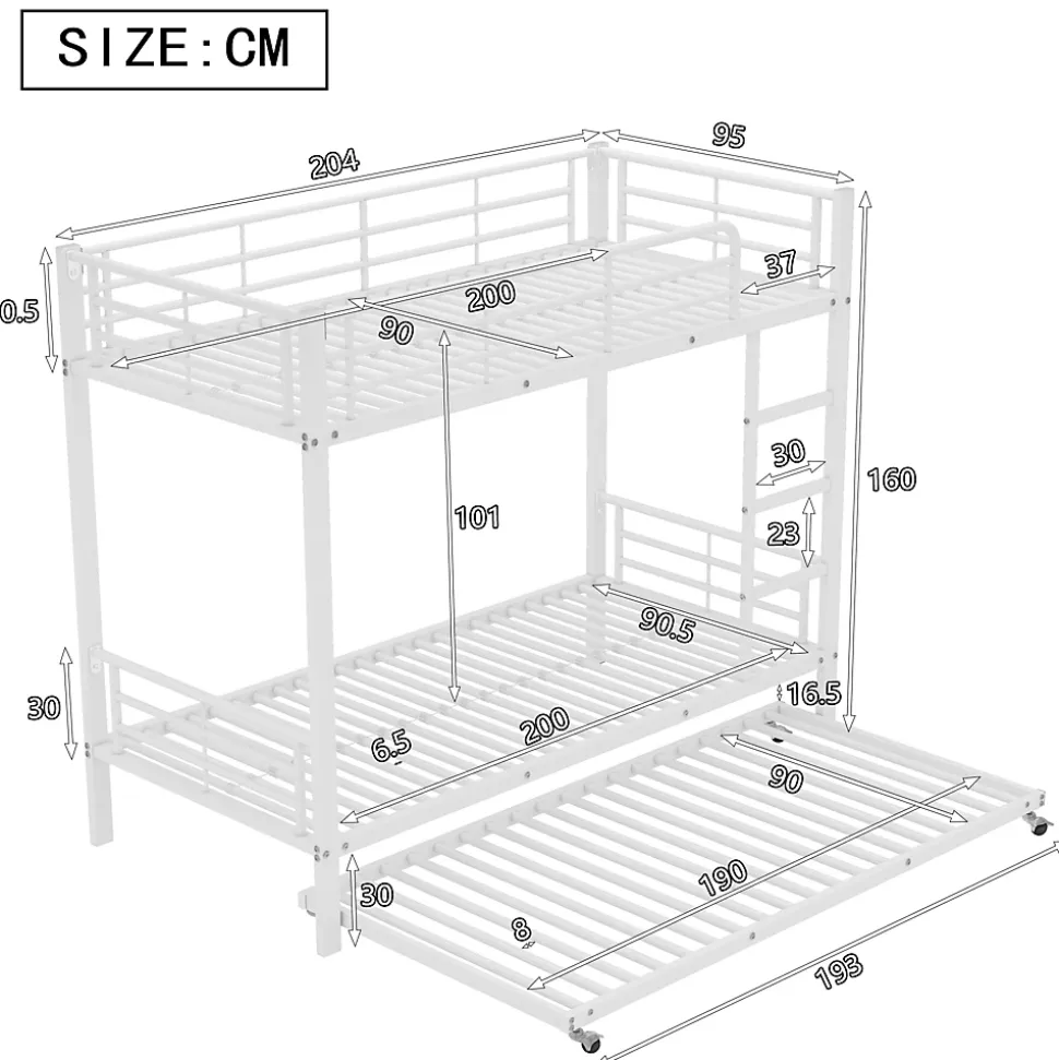 Lit superposé 90x200 cm avec lit gigogne et échelle intégrée, structure métal blanche, gain de place