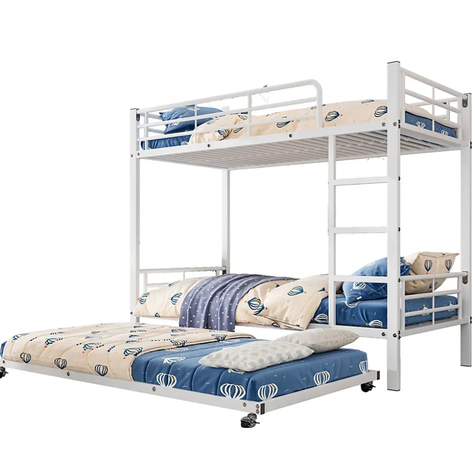 Lit superposé 90x200 cm avec lit gigogne et échelle intégrée, structure métal blanche, gain de place