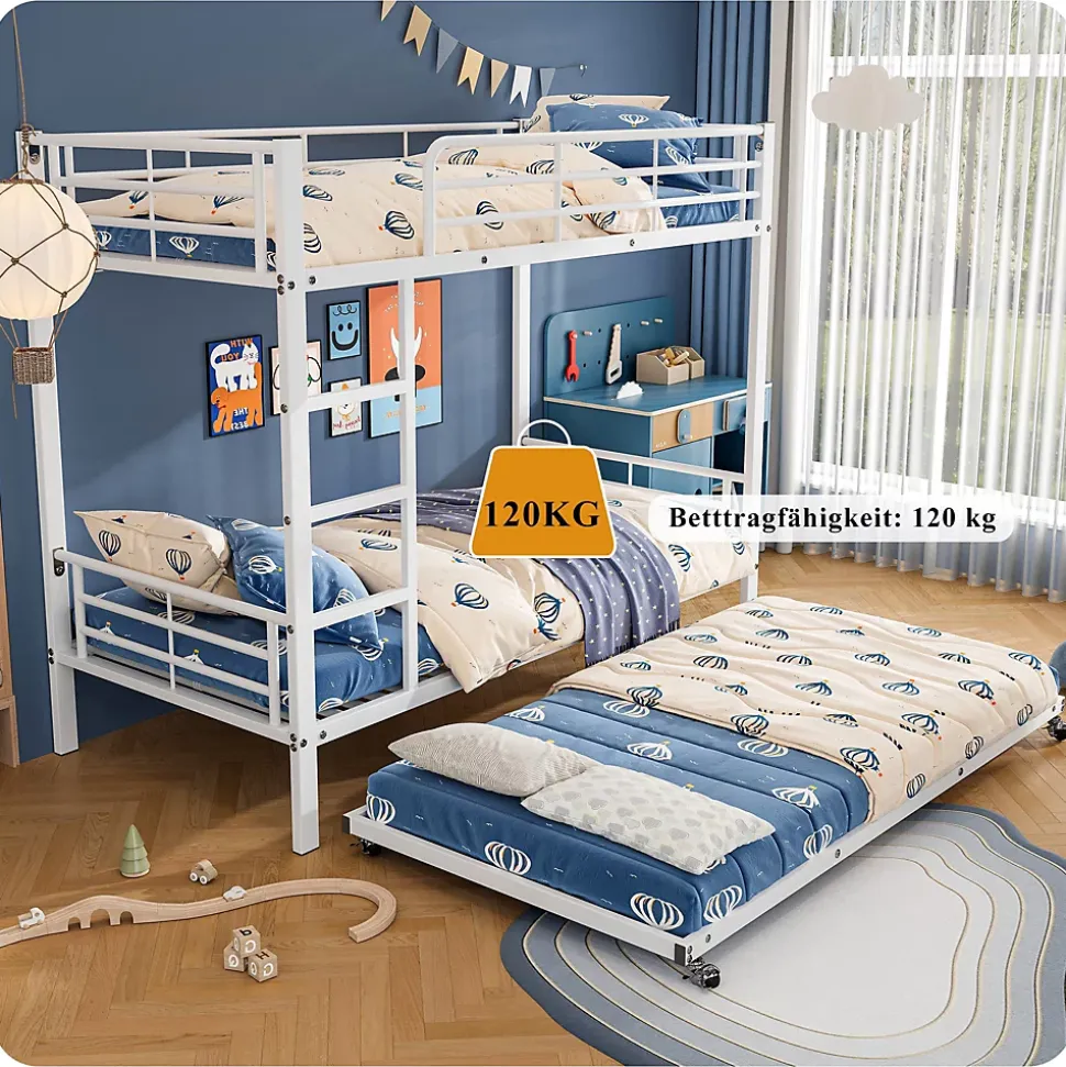 Lit superposé 90x200 cm avec lit gigogne et échelle intégrée, structure métal blanche, gain de place