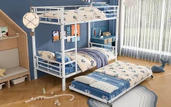 Lit superposé 90x200 cm avec lit gigogne et échelle intégrée, structure métal blanche, gain de place