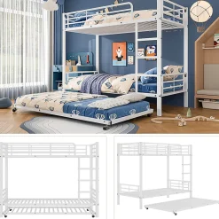 Lit superposé 90x200 cm avec lit gigogne et échelle intégrée, structure métal blanche, gain de place