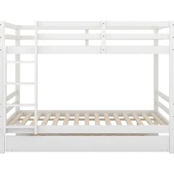 Lit superposé 140x200 cm avec lit gigogne et échelle intégrée, structure en pin et MDF, finition blanche et garde-corps hauts