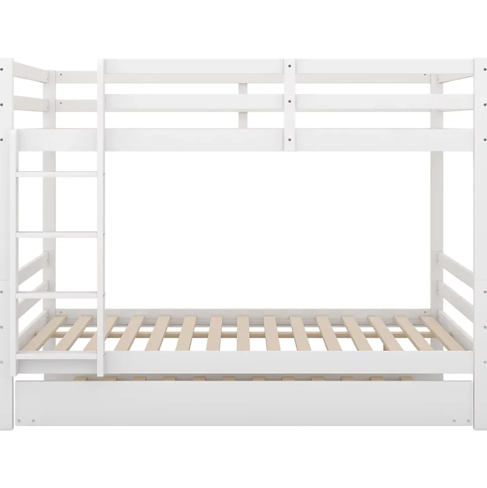 Lit superposé 140x200 cm avec lit gigogne et échelle intégrée, structure en pin et MDF, finition blanche et garde-corps hauts