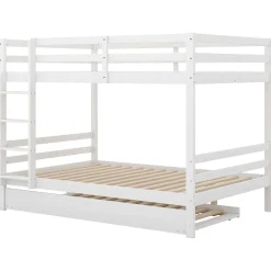 Lit superposé 140x200 cm avec lit gigogne et échelle intégrée, structure en pin et MDF, finition blanche et garde-corps hauts