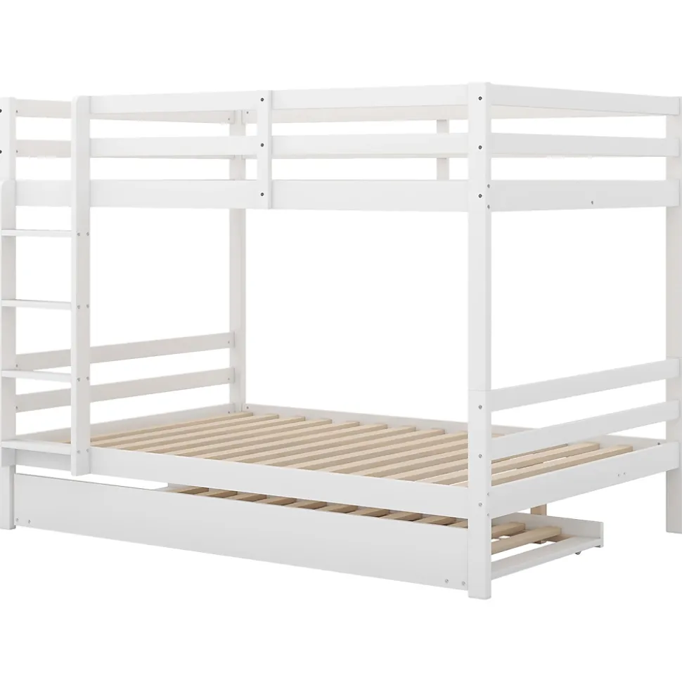 Lit superposé 140x200 cm avec lit gigogne et échelle intégrée, structure en pin et MDF, finition blanche et garde-corps hauts