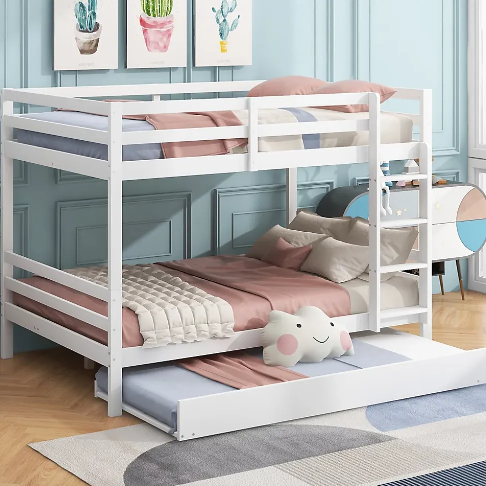 Lit superposé 140x200 cm avec lit gigogne et échelle intégrée, structure en pin et MDF, finition blanche et garde-corps hauts