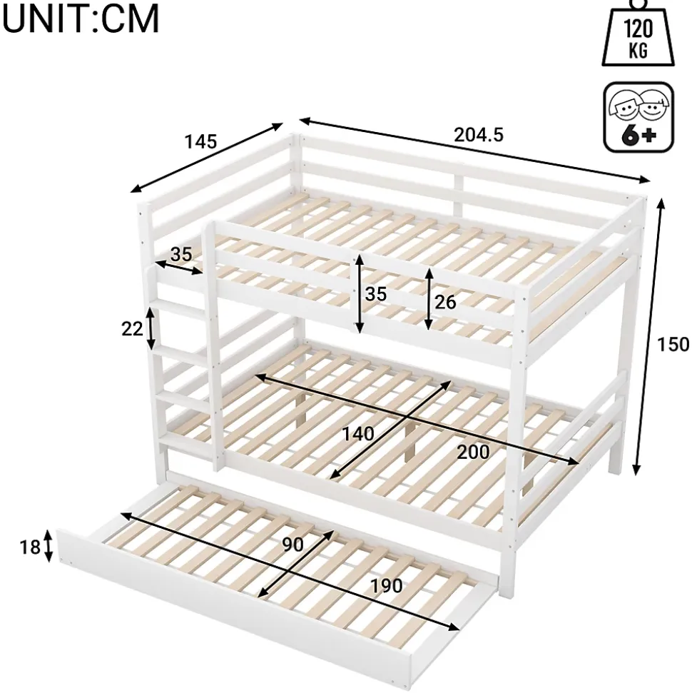 Lit superposé 140x200 cm avec lit gigogne et échelle intégrée, structure en pin et MDF, finition blanche et garde-corps hauts