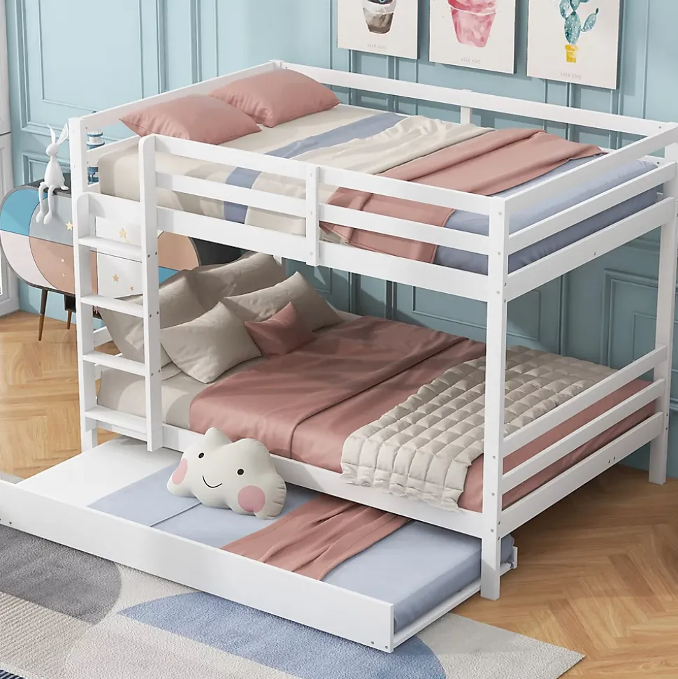 Lit superposé 140x200 cm avec lit gigogne et échelle intégrée, structure en pin et MDF, finition blanche et garde-corps hauts