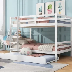 Lit superposé 140x200 cm avec lit gigogne et échelle intégrée, structure en pin et MDF, finition blanche et garde-corps hauts