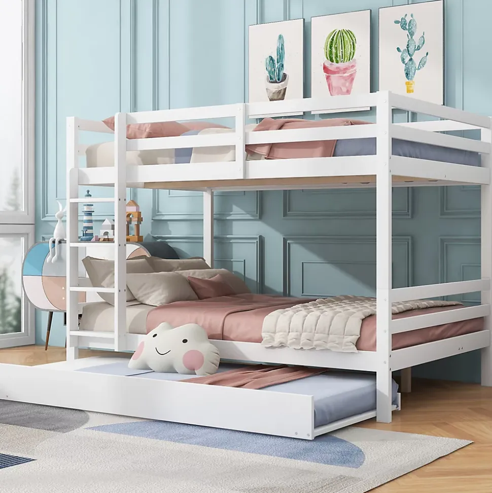 Lit superposé 140x200 cm avec lit gigogne et échelle intégrée, structure en pin et MDF, finition blanche et garde-corps hauts