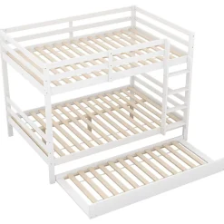 Lit superposé 140x200 cm avec lit gigogne et échelle intégrée, structure en pin et MDF, finition blanche et garde-corps hauts