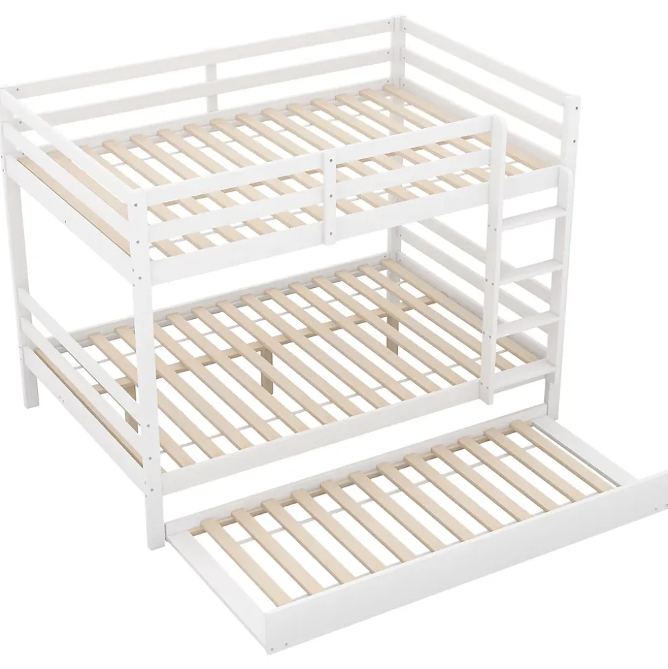 Lit superposé 140x200 cm avec lit gigogne et échelle intégrée, structure en pin et MDF, finition blanche et garde-corps hauts