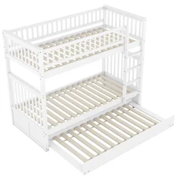 Lit superposé 90x200 cm avec lit gigogne et échelle intégrée en pin blanc, modulable, gain de place