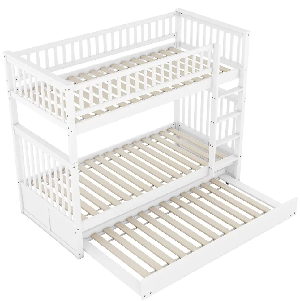 Lit superposé 90x200 cm avec lit gigogne et échelle intégrée en pin blanc, modulable, gain de place