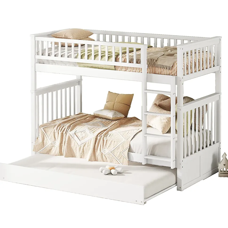 Lit superposé 90x200 cm avec lit gigogne et échelle intégrée en pin blanc, modulable, gain de place