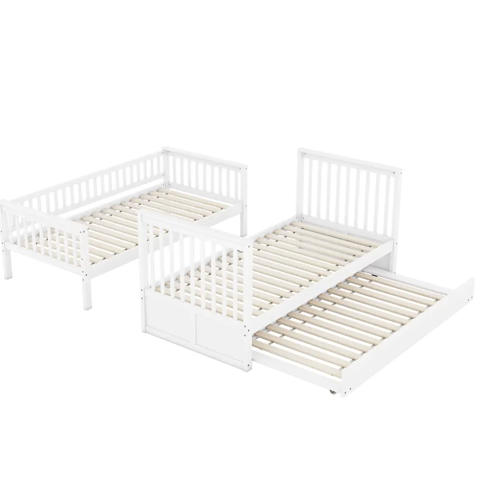 Lit superposé 90x200 cm avec lit gigogne et échelle intégrée en pin blanc, modulable, gain de place