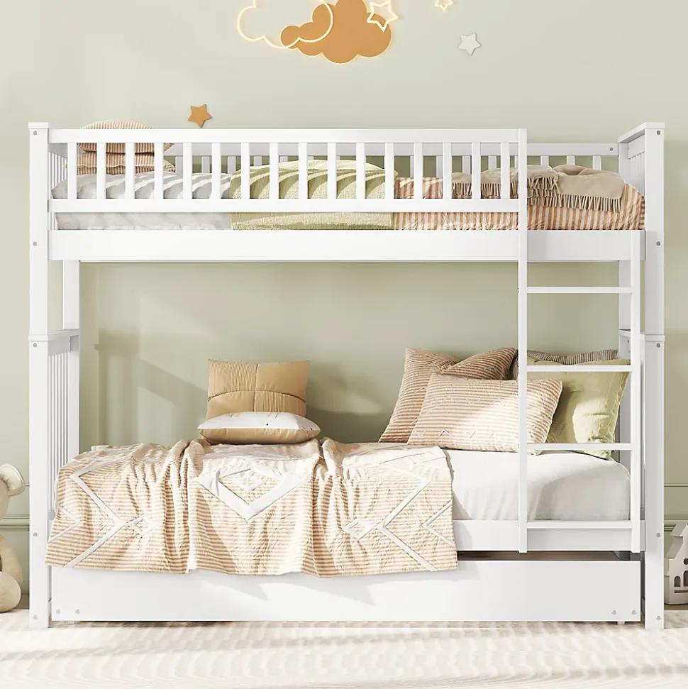 Lit superposé 90x200 cm avec lit gigogne et échelle intégrée en pin blanc, modulable, gain de place