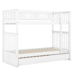 Lit superposé 90x200 cm avec lit gigogne et échelle intégrée en pin blanc, modulable, gain de place