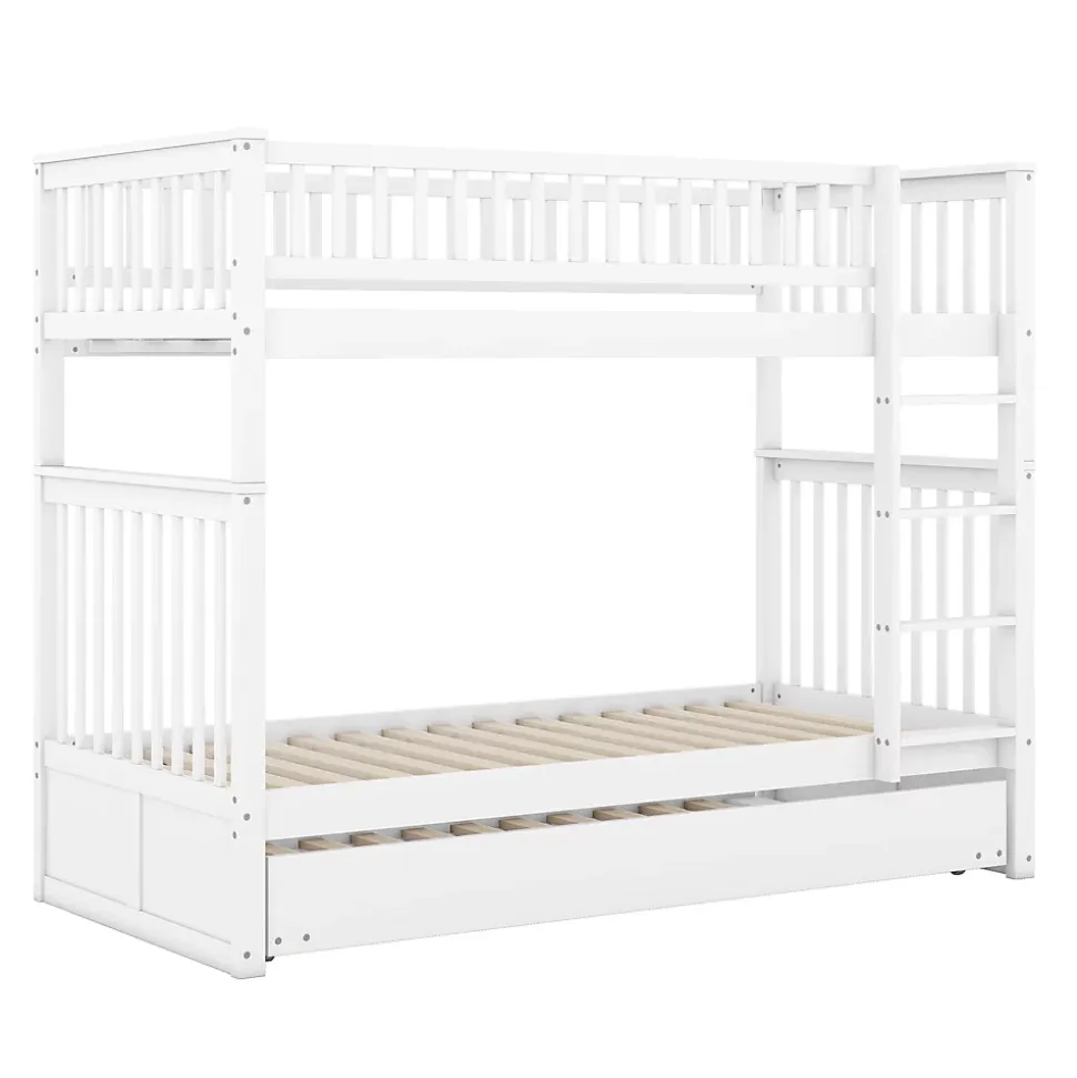 Lit superposé 90x200 cm avec lit gigogne et échelle intégrée en pin blanc, modulable, gain de place