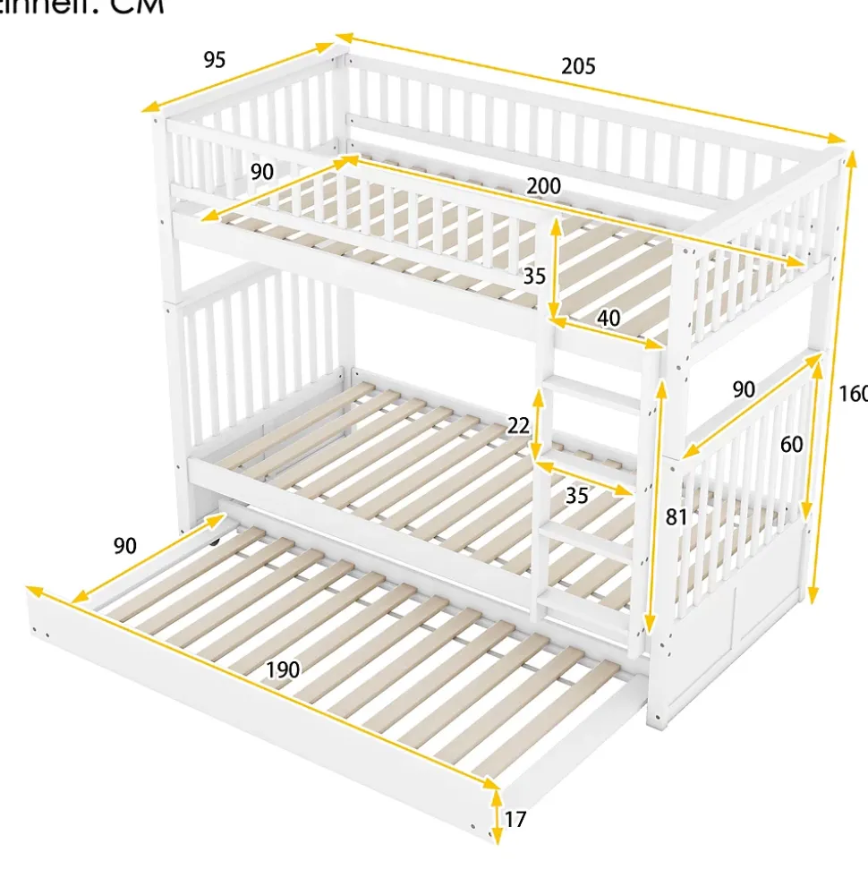 Lit superposé 90x200 cm avec lit gigogne et échelle intégrée en pin blanc, modulable, gain de place