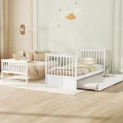 Lit superposé 90x200 cm avec lit gigogne et échelle intégrée en pin blanc, modulable, gain de place