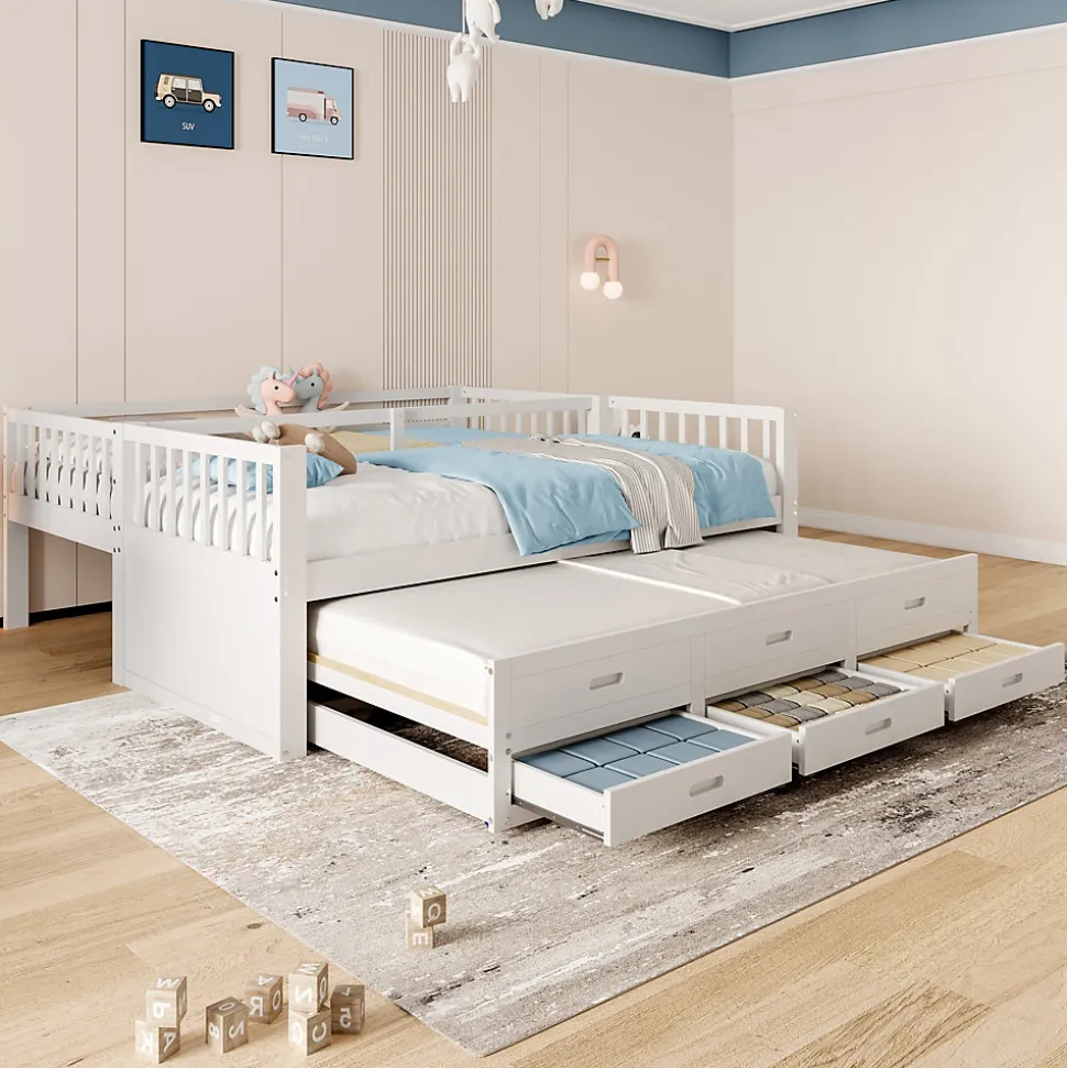 Lit Superposé 90x200 cm avec Lit Gigogne et 3 Tiroirs - Bois de Pin et MDF - Sans Matelas - Blanc