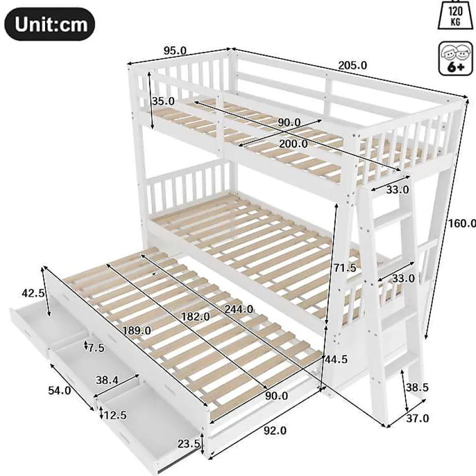 Lit Superposé 90x200 cm avec Lit Gigogne et 3 Tiroirs - Bois de Pin et MDF - Sans Matelas - Blanc